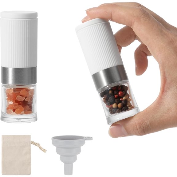 Mini Salt and Pepper Grinder Set Small Tiny Adjustable Coarseness Ceramic Salt Grinder with Funnel and Bag Portable Handy Spice Pepper Mill Shaker For Outdoor Party Lunch Bag Kitchen White