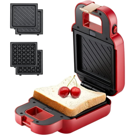 Mini Sandwich Maker, Portable 2 in 1 Waffle Maker Panini Press Grill (Red)