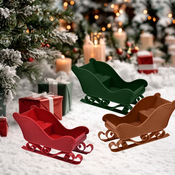 Mini Santa Sled Set, DIY Unpainted Plastic Reindeer Cart, Tabletop Christmas Village Display Decor, 13cm Red Green Brown