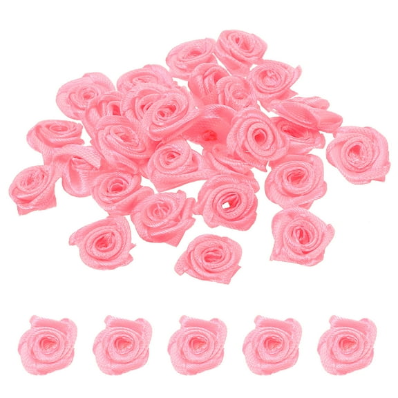 Mini Satin Ribbon Roses Tiny Fabric Flowers Embellishments Rosettes Applique Pink
