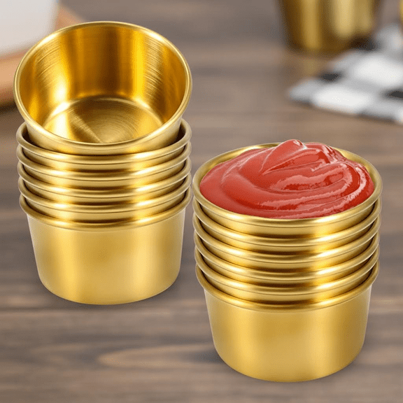 Mini Sauce Cups for Home, Party & Restaurant - 60ml Golden Ramekin Bowls for Dipping, Pudding & Condiments (Set of 12)