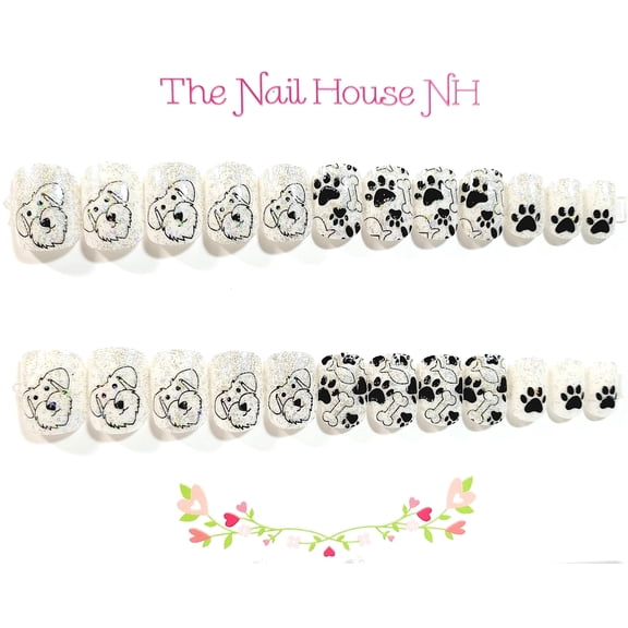 Mini Schnauzer Love Sparkle Glossy Short Square Press On Nails - 24 Pieces - Artificial Nails - Cute Dog Nails
