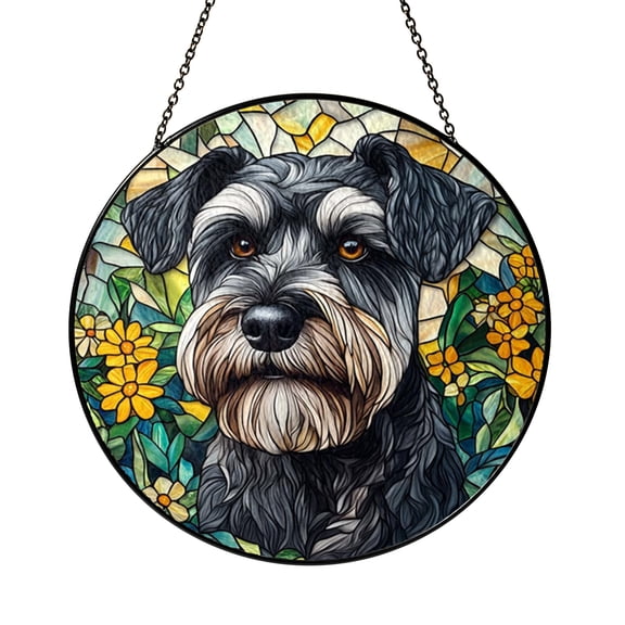 Mini Schnauzer Window Suncatcher with Stained Glass Effect, Decorative Pet Window Art Highlighting Terrier Face and Textured Fur Design
