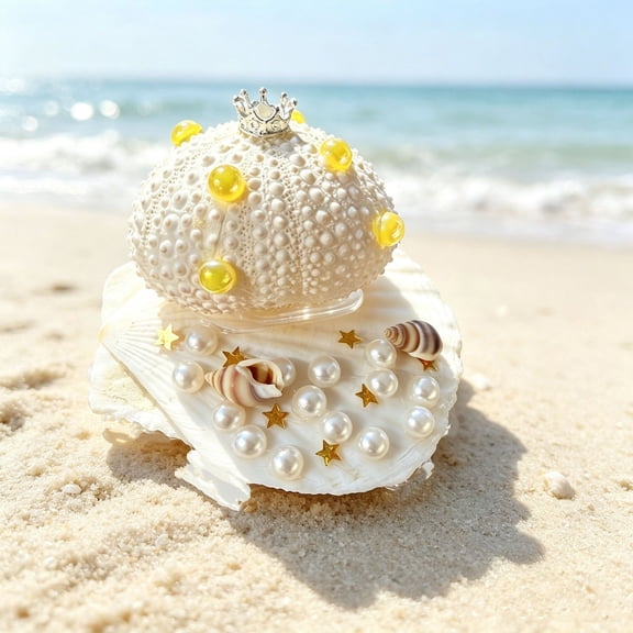 Mini Sea Urchin Figurine Decor, Nautical Coastal Tabletop Ornament With Pearl Shell Design, Ocean Theme Decoration For Bathroom Vanity Shelf Coffee Table Home Decor, Beach House Gift Collection