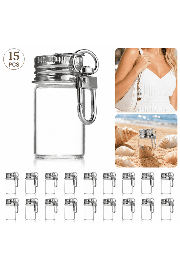 Mini Seasoning Keychain Bottles 15Pcs, Small Glass Keychain Container with Metal Lid, Mini Seasoning Bottles Keychain for Kitchen DIY Decor