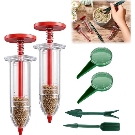 Mini Seed Spreader, Manual Seed Sower Tool with Seedlings Dibber and Widger Set, Handheld Seed Dispenser for Tiny Seeds, Small Planter for Garden (Red)