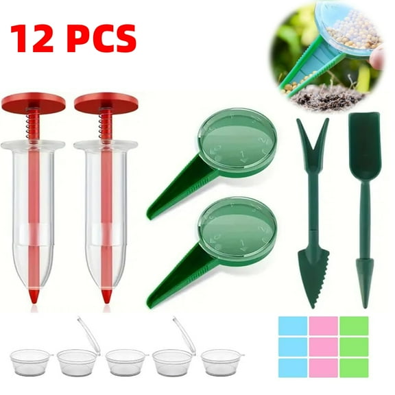 Mini Seed Spreader Set, 12 PCS Small Garden Seed Planter Tool, Hand held Manual Seed Spreader with Seedlings Dibber and Widger Set for Tiny Seeds