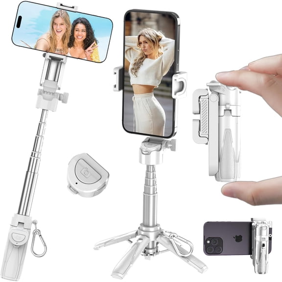 Mini Selfie Stick Tripod, 41.5cm Extendable Grip Phone Tripod with Detachable Remote Pocket Size, 4-in-1 Mini Phone Grip, 10m Wireless Shutter, Vlog Livestreaming Photography White