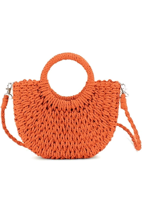 Mini Semi-circle Rattan Straw Bag, Hand-woven Women Summer Retro Beach Tote Shoulder Bag Crossbody Travel Beach Bag