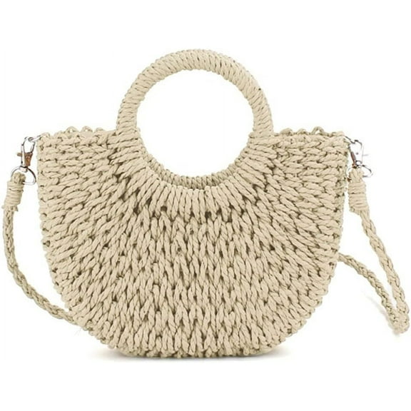 Mini Semi-circle Rattan Straw Bag, Hand-woven Women Summer Retro Beach Tote Shoulder Bag Crossbody Travel Beach Bag