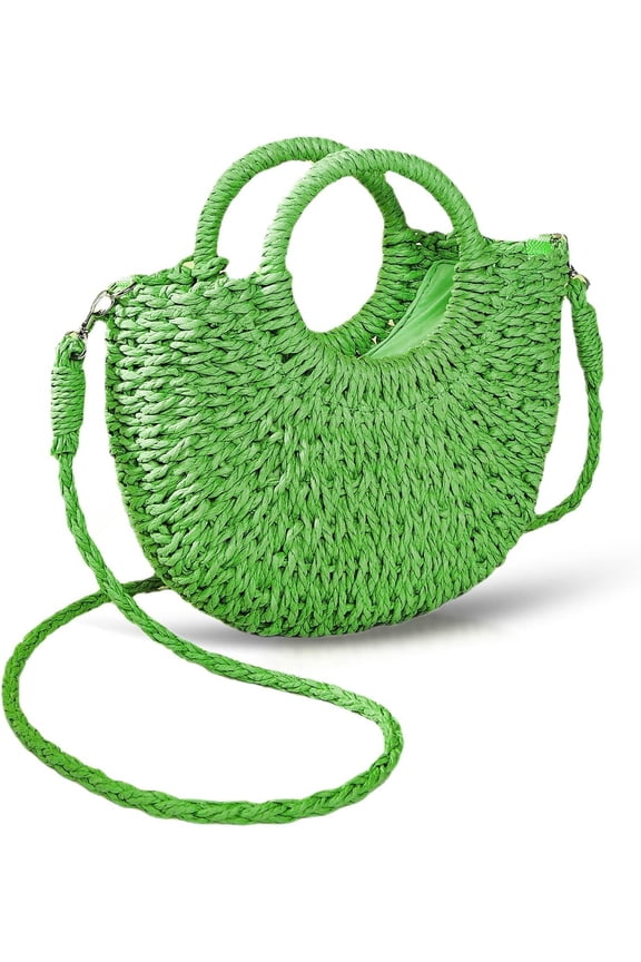 Mini Semi-circle Rattan Straw Bag, Hand-woven Women Summer Retro Beach Tote Shoulder Bag Crossbody Travel Beach Bag