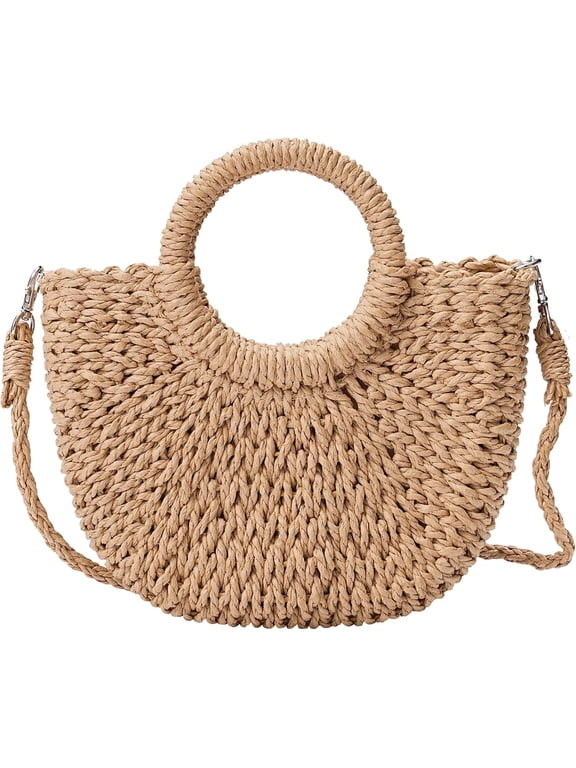 Mini Semi-circle Rattan Straw Bag, Handwoven Women Summer Beach Bag, Casual Drawstring Crossbody & Single Shoulder Tote Bag for Vacation Shopping Daily Use