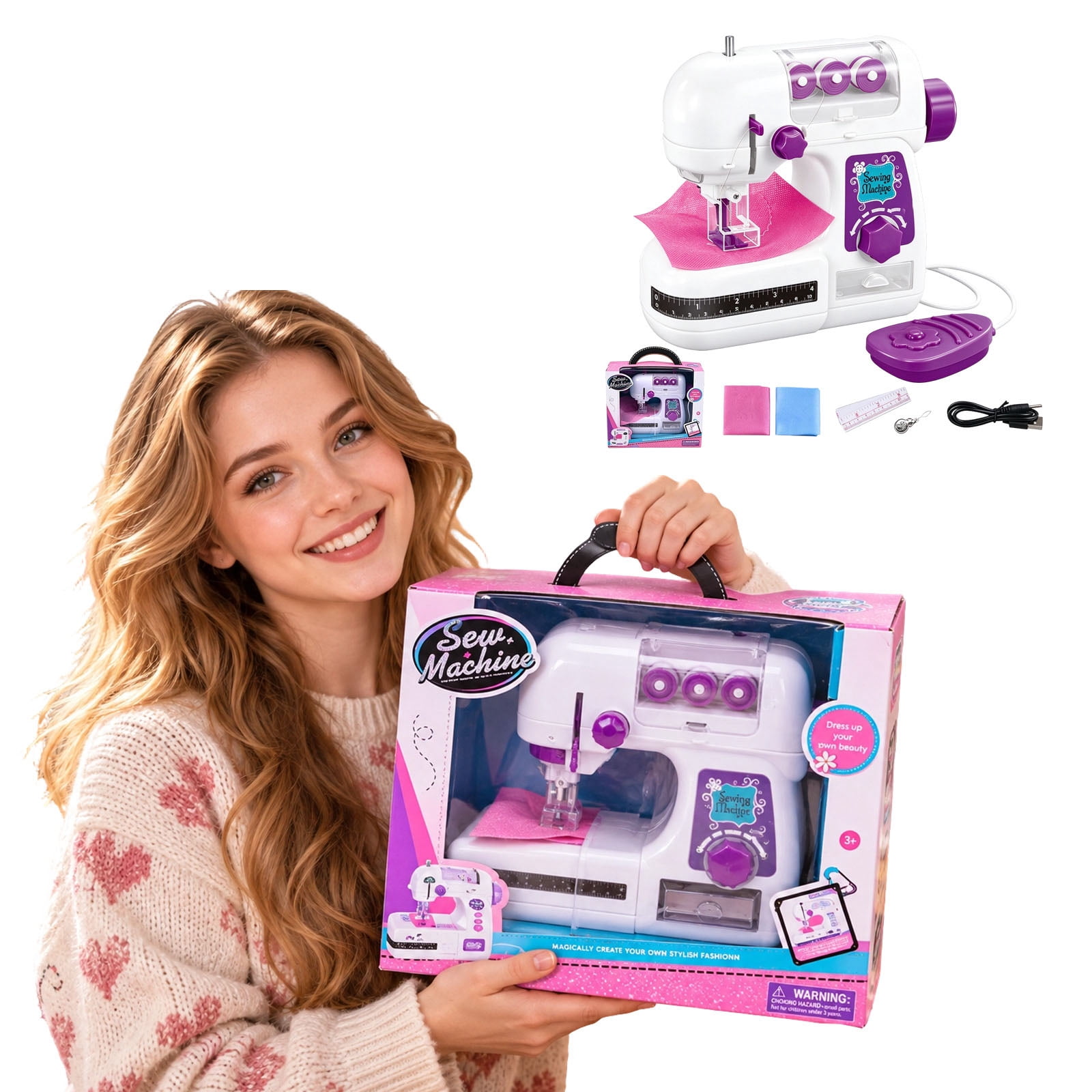 Mini Sewing Machine Toy Kit for Kids Beginners – Portable Electric ...