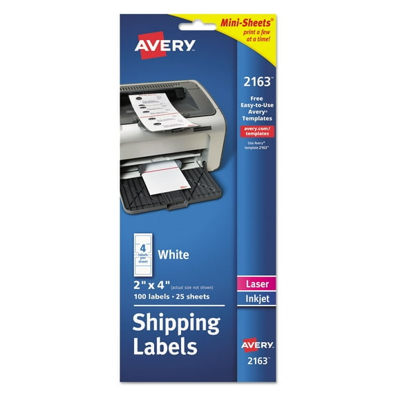 Avery Mini-Sheets Mailing Labels, Inkjet/Laser Printers, 2 x 4, White, 4/Sheet, 25 Sheets/Pack, Each