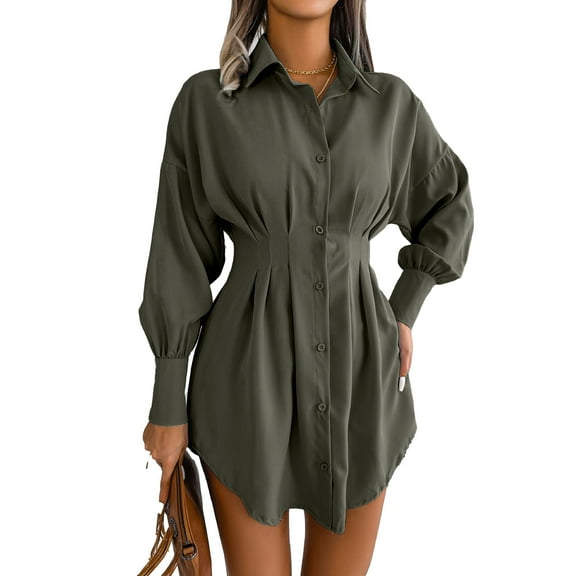 Mini Shirt Dress Polyester Fiber Pleated Cinched Waist Asymmetrical Lapel Collar Button Down Dress OD Green S