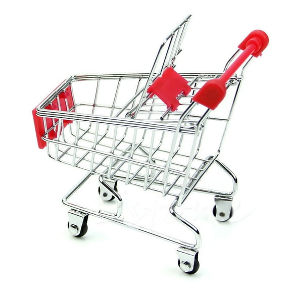 Mini Shopping Cart, Mini Supermarket Cart, Miniature Shopping Cart Toy with 360 Degree Rotating Wheels, Stainless Steel Alloy and Plastic Material, Portable Desk Storage Basket for Office and Home Use