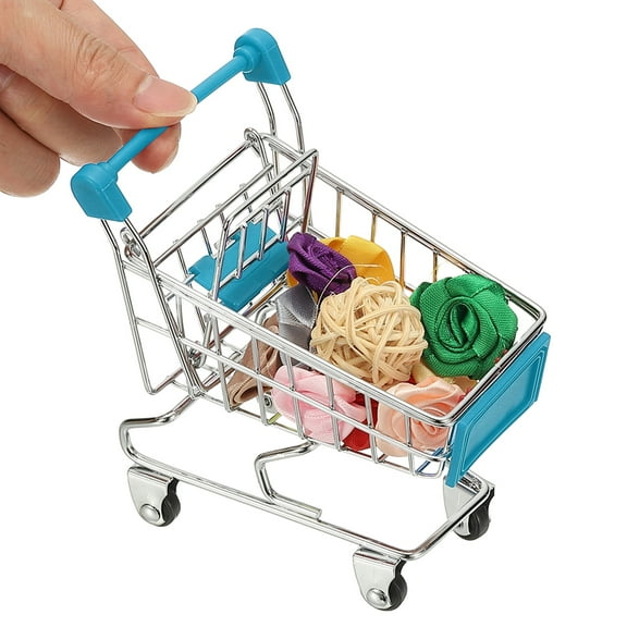 Mini Shopping Cart, Tiny Shopping Cart Trolley Miniature Grocery Supermarket Handcart Small Basket with Wheels for Pretend Play Dolls Storage Store Toy Dollhouse Gift, Sky Blue