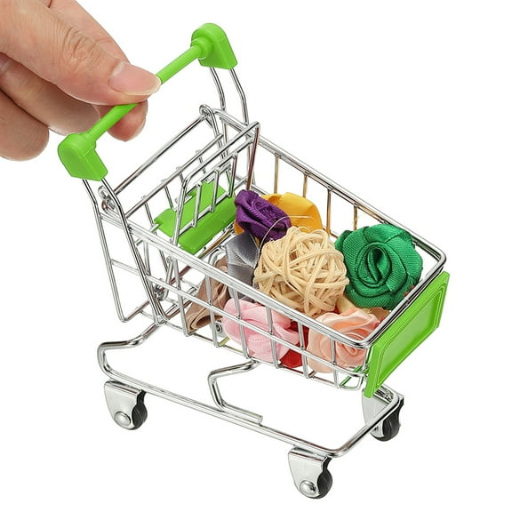 Mini Shopping Cart, Tiny Shopping Cart Trolley Miniature Grocery Supermarket Handcart Small Basket with Wheels for Pretend Play Dolls Storage Store Toy Dollhouse Gift, Green