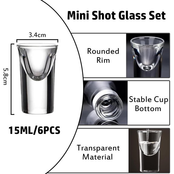 Mini Shot Glasses Set of 6, 0.5oz/15ml Clear Small Bullet Cups with Heavy Base, Cute Whiskey Glassware Cups for Vodka Whiskey Liqueurs Tequila Soju Espressos, Perfect for Party, Bar, Club, Cocktail