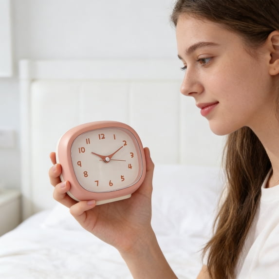 Mini Silent Alarm Clock Compact Bedroom Desk Alarm Clock Gentle Wake Up Tone Easy Set Time Display Battery Operated Table Clock for Home Office Living Room Decor