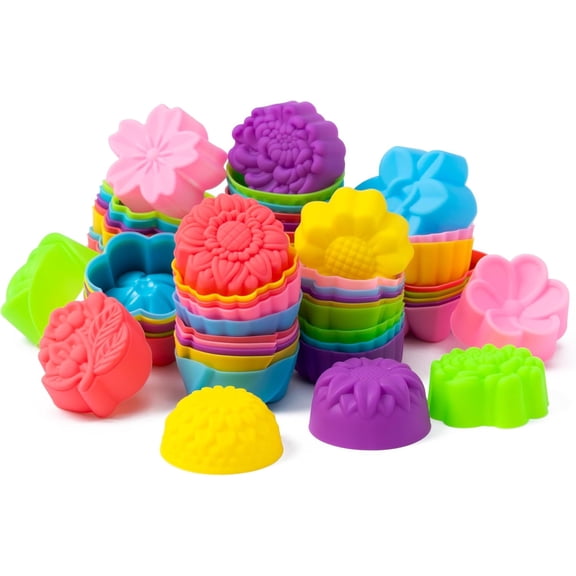 Mini Silicone Cupcake Molds - 60Pcs 2 Inch Muti-color Flower Shaped Baking Cups, Reusable Non-Stick Cupcake Wrappers Muffin Baking Cups for Dessert Pudding Donut Oven Microwave Dishwasher Safe