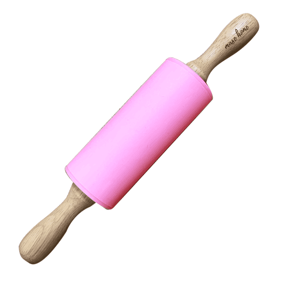 Mini Silicone Rolling Pin for Kids Baking – 9" Non-Stick Dough Roller with Wooden Handles - Child Playdough (Pink)