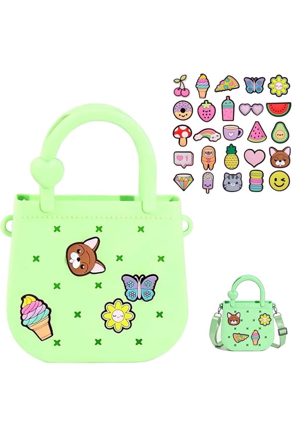 Mini Silicone Tote Bag for Girls, DIY Beach Bag with 25pcs Cute Patches & Adjustable Strap