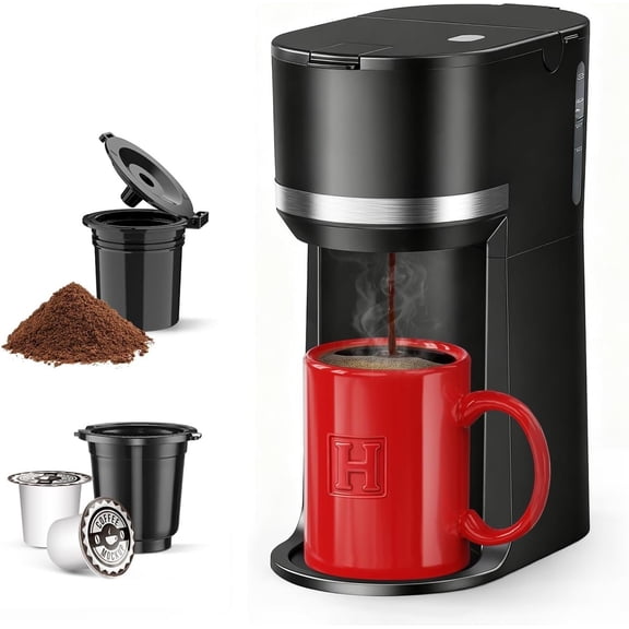 Single Serve Coffee Maker for Cup and Ground Coffee, Fast Brew One Cup Coffee Machine with Descaling Reminder and Water Window, 6 to 12 oz. Brew Sizes, Black