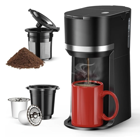 Mini Single Serve Coffee Maker for K Cup and Ground Coffee, Fast Brew One Cup Coffee Machine with Descaling Reminder and Water Window, 6 to 12 oz. Brew Sizes, Black