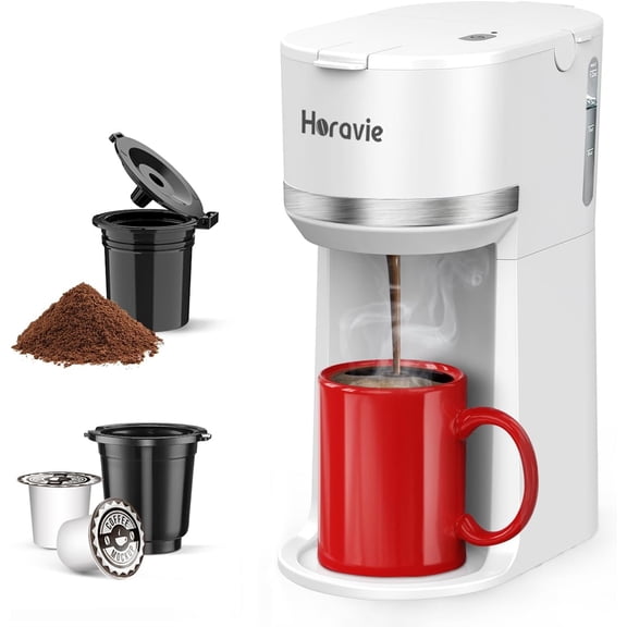 Mini Single Serve Coffee Maker for K Cup and Ground Coffee, Fast Brew One Cup Coffee Machine with Descaling Reminder and Water Window, 6 to 12 oz. Brew Sizes, White