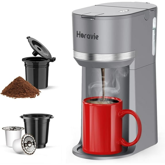 Mini Single Serve Coffee Maker for K Cup Pods and Ground Coffee, Fast Brew One Cup Coffee Machine with Descaling Reminder and Water Window, 6 to 12 oz. Brew Sizes, Gray