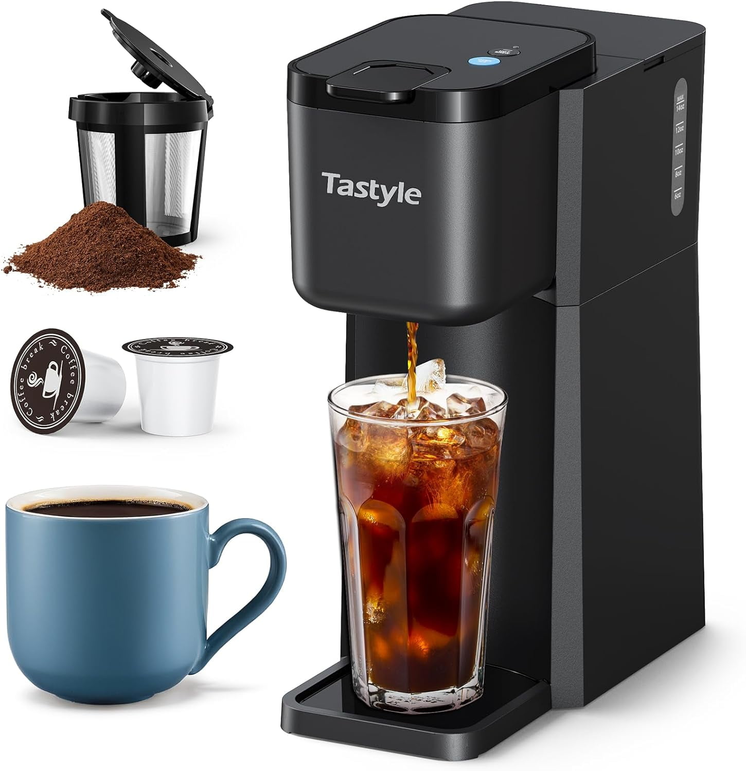 Mini Single Serve Iced and Hot Coffee Maker for K Cup and Ground, 6