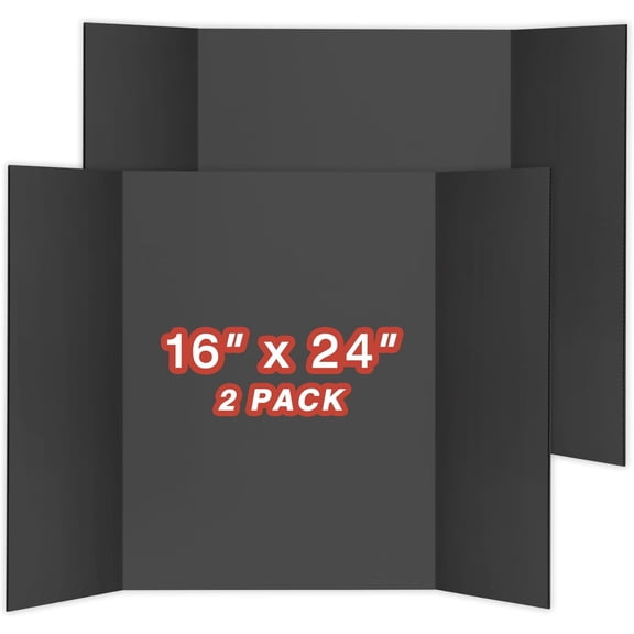 Mini Size Trifold Poster Board, 16" x 24", Small Corrugated Project Boards, Black, 2 Pack