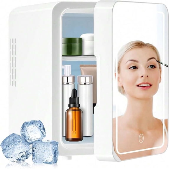 Mini Skincare Fridge with LED Makeup Mirror, Portable Cosmetic Cooler for Desktop & Travel Use
