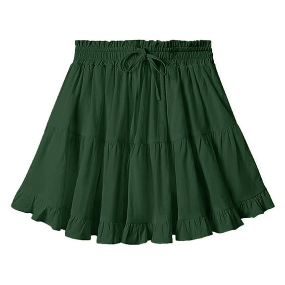 Mini Skirt Women's High Waist Mini Skirt Ruffle Drawstring Elastic Flowy Tiered Short Summer Beach Skirts Green L