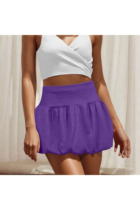 Mini Skirt Womens Solid Short Skirts Ruffle Puff Hem Flared A-Line Skirt Purple M