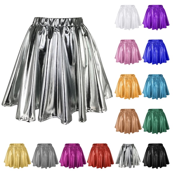 Mini Skirt for Women Carnival High Waist Pleated Solid Color Short Loose Metallic Skater Shiny A Line Skort Casual Womens Skirts GD1 M