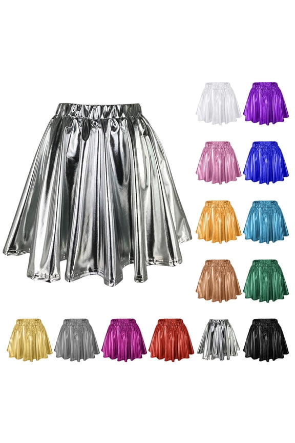 Mini Skirt for Women Carnival High Waist Pleated Solid Color Short Loose Metallic Skater Shiny A Line Skort Casual Womens Skirts Silver M