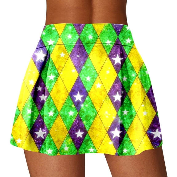 Mini Skirts for Women Carnival Sequin Print Casual Elastic Waist Double Layer Athletic Skirt with Shorts Pink M