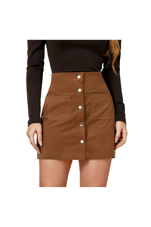 Mini Skirts for Women Casual Button Front High Waist A Line Corduroy Pencil Skirt Solid Color Slim Fit Pocket Skirts