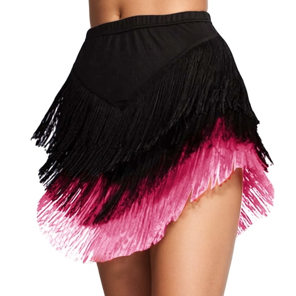 Mini Skirts for Women Color Block Asymmetrical Fringe Hem Flowy Boho Skirt with Elastic Waist for Casual Hot Pink L