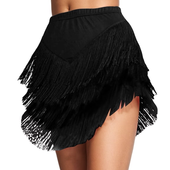 Mini Skirts for Women Flowy Fringe Asymmetrical Hem Boho Skirt with Tassel Details for Casual and Party Black M