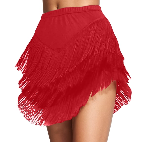 Mini Skirts for Women Flowy Fringe Asymmetrical Hem Boho Skirt with Tassel Details for Casual and Party Red XXL