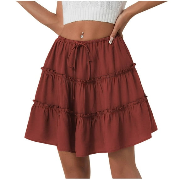 Mini Skirts for Women High Waist Ruffle Tiered A-Line Flowy Short Loose Casual Summer Beach Skirts Orange M