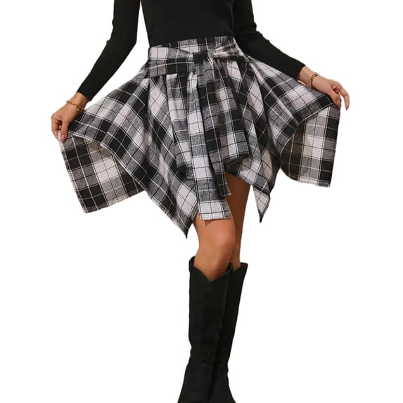 Mini Skirts for Women High Waisted Asymmetrical Hem Fashion Plaid Skirt Black L