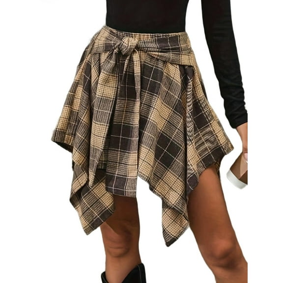 Mini Skirts for Women High Waisted Asymmetrical Hem Fashion Plaid Skirt Khaki L
