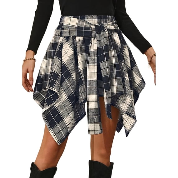 Mini Skirts for Women High Waisted Asymmetrical Hem Fashion Plaid Skirt Navy Blue L
