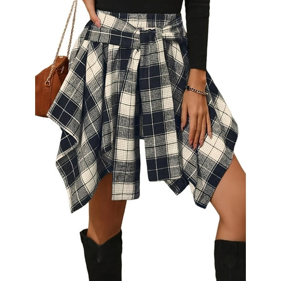 Mini Skirts for Women High Waisted Asymmetrical Hem Fashion Plaid Skirt Navy Blue S
