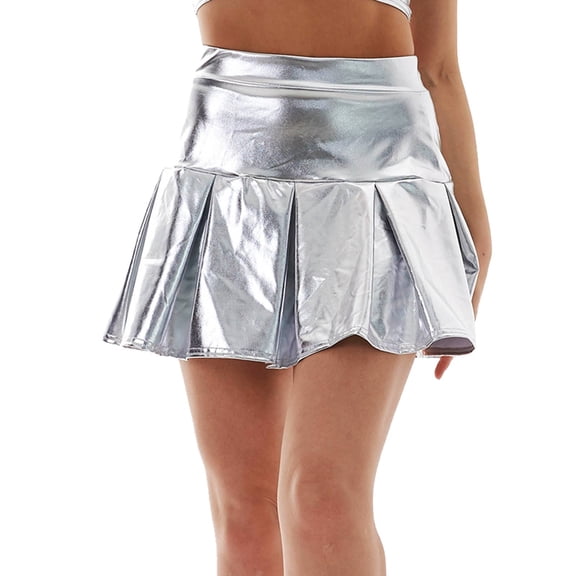Mini Skirts for Women Stage Skirt Large Swing Skirt Solid Color Bright A Line Skirt with Shiny Face Silver XXL