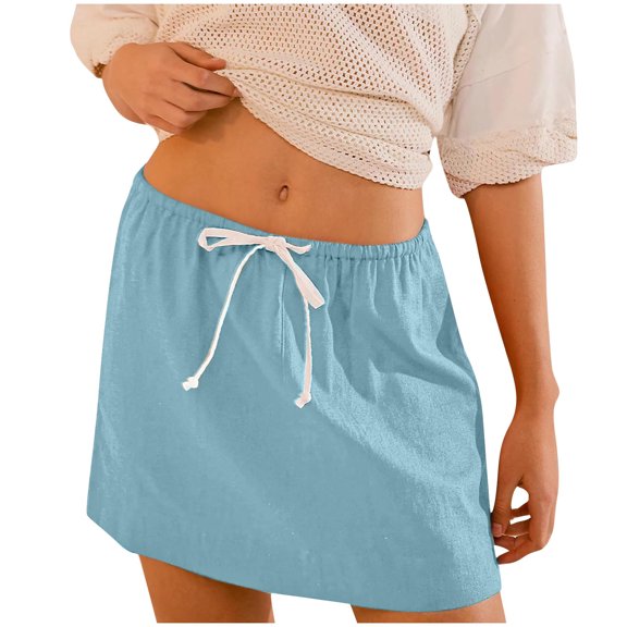 Mini Skirts for Women Summer Casual Drawstring Elastic Waist a Line Lightweight Short Skirt with Pockets Athletic Skirts Women Blue XL